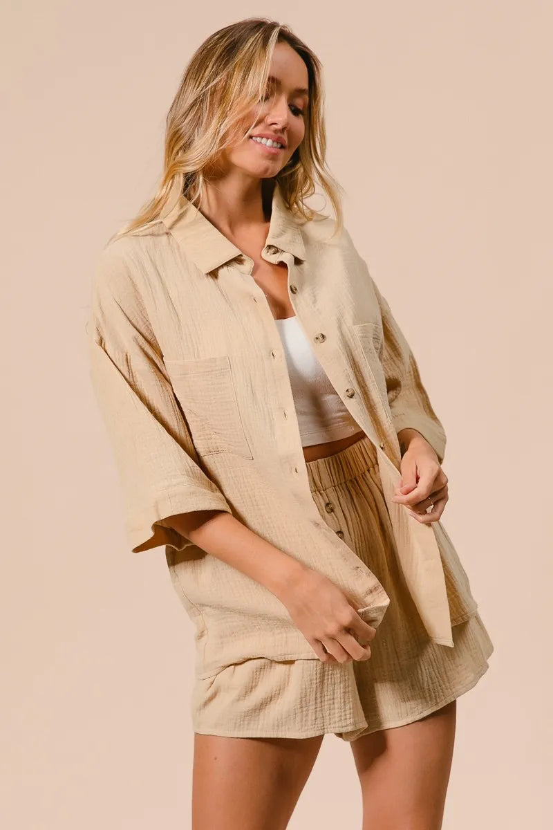Crinkle Gauze Shirt And Short Set – outfit idea for women | Ro + Ivy