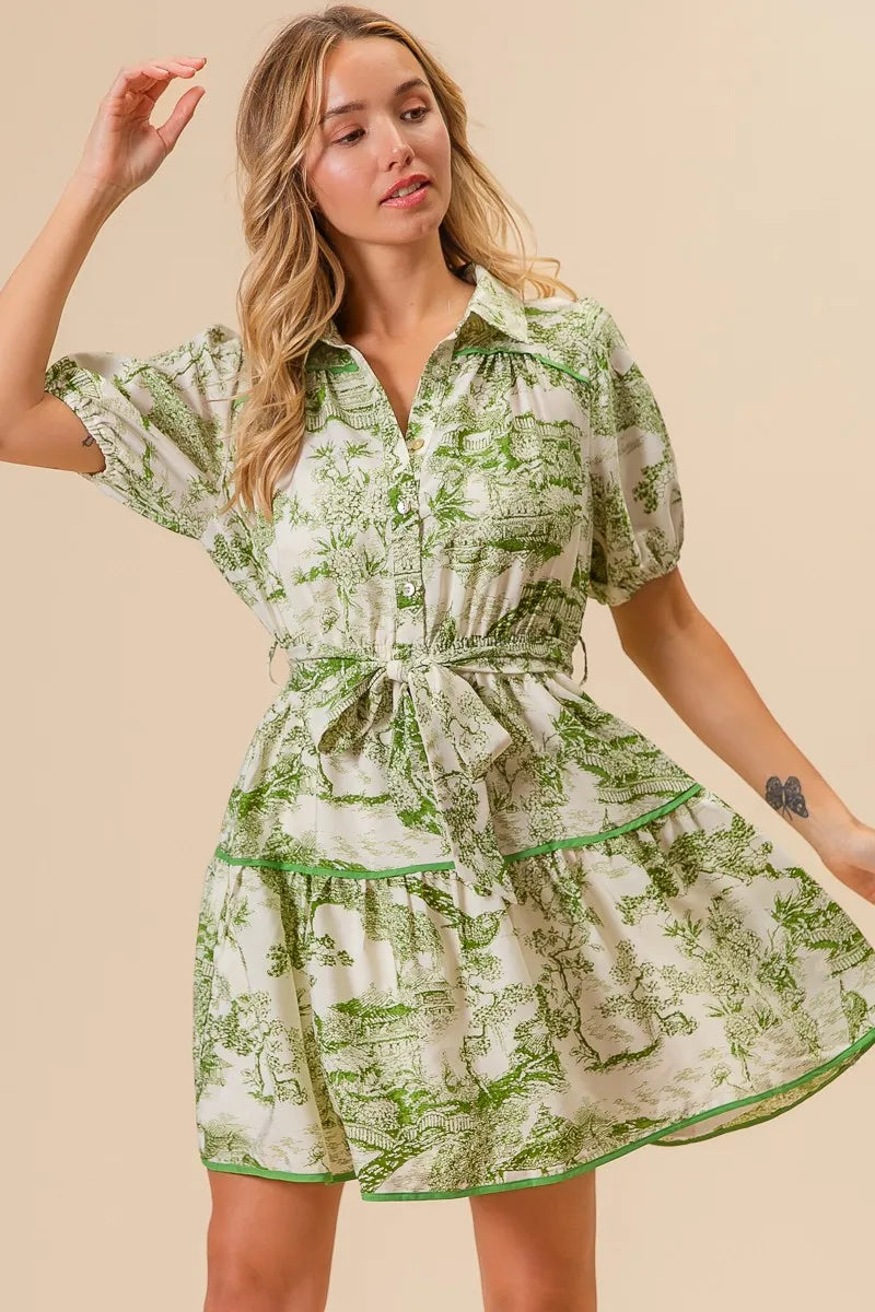 Woven Printed Tiered Mini Dress – outfit idea for women | Ro + Ivy
