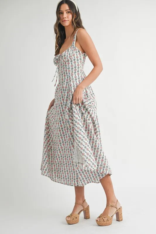 Floral Print Bustier Back Lace Up Midi Dress – outfit idea for women | Ro + Ivy
