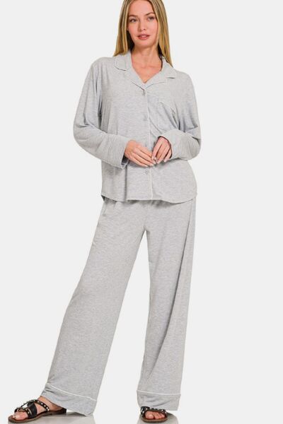 Button Down Long Sleeve Top and Pants Sleepwear Set in Light Gray - Ro + Ivy