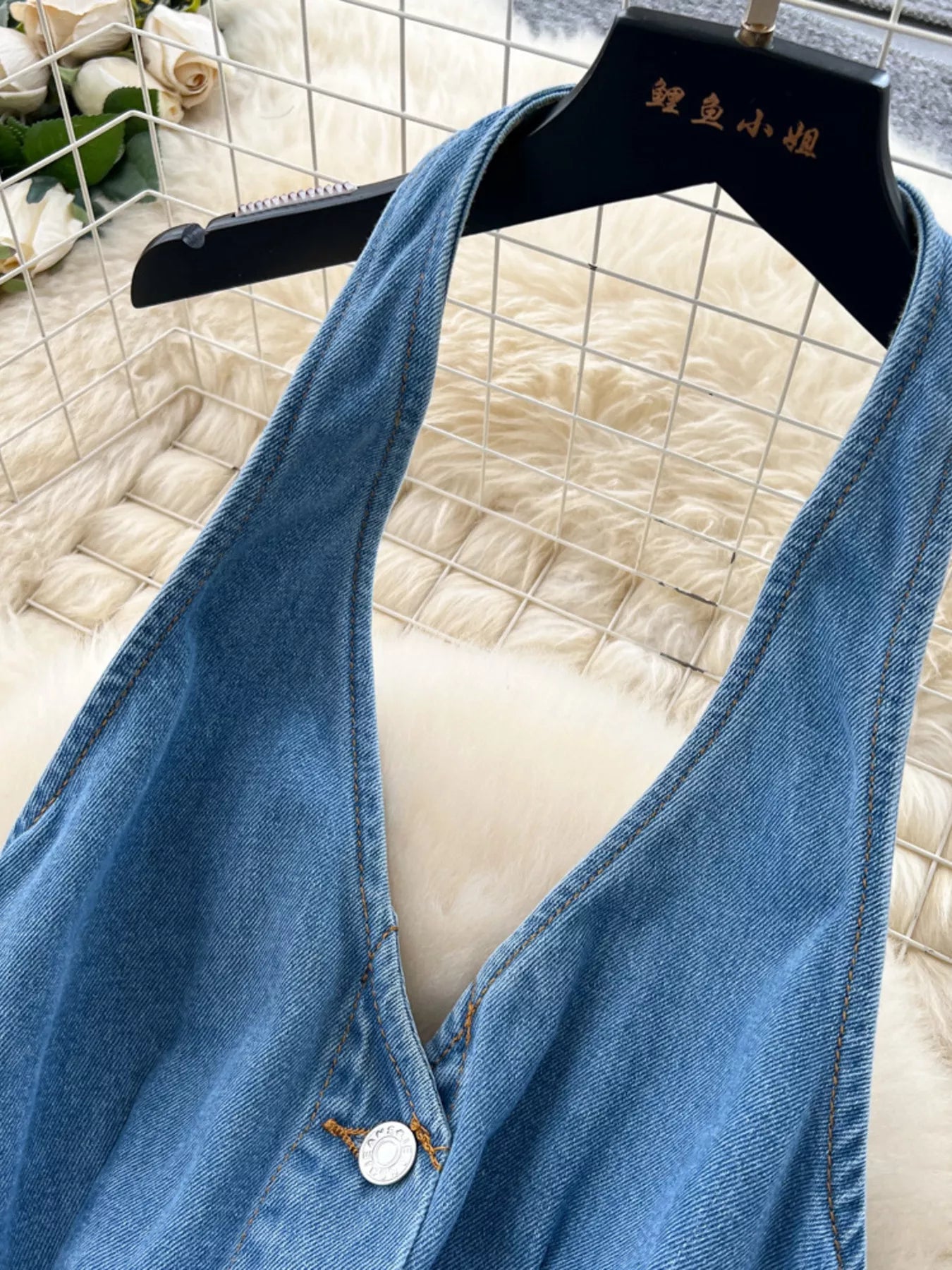 Women's Halter Neck Button Down Denim Maxi Dress - Maxi Dresses