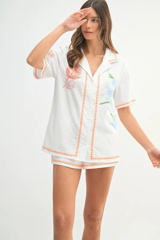 Embroidered Button Down Shirt And Shorts Set – outfit idea for women | Ro + Ivy