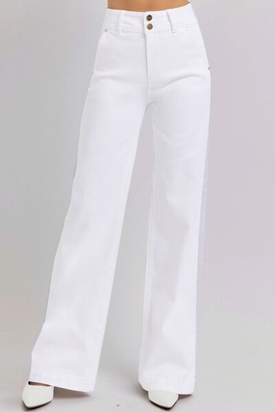 White Full Size Tummy Control Double Button Wide Leg Jeans Trendy Jeans Outfit Idea for Women | Ro + Ivy