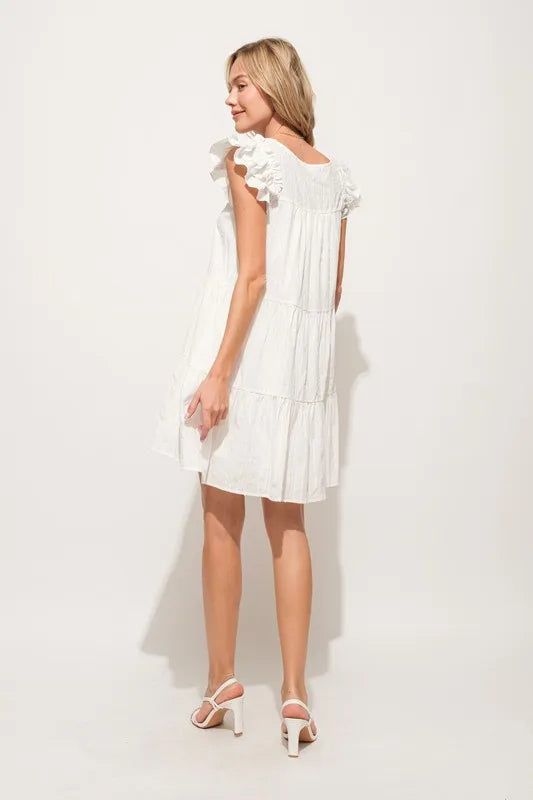 Origami Pleating Ruffled Sleeve Tiered Mini Dress – outfit idea for women | Ro + Ivy