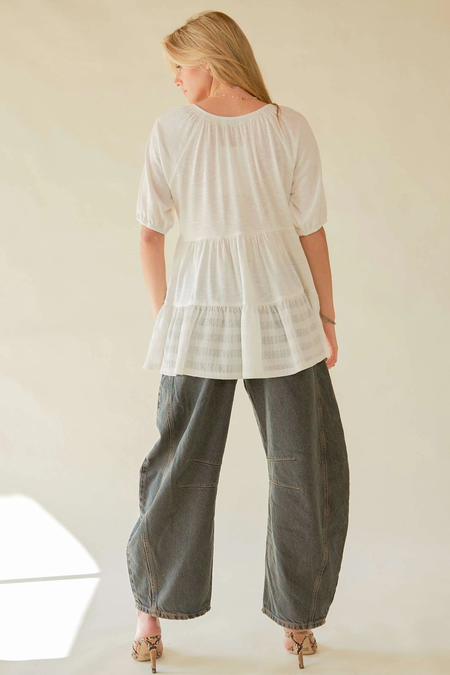 Ruffled Flared Short Sleeve V Neck Blouse – outfit idea for women | Ro + Ivy