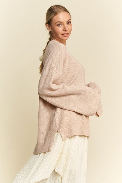 High-Low Round Neck Drop Shoulder Sweater - Ro + Ivy