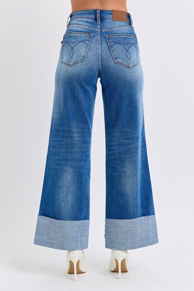 Full Size Distressed High Waist Wide Leg Jeans Trendy Jeans Outfit Idea for Women | Ro + Ivy