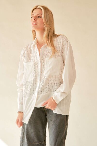 Crinkled Jacquard Button Down Shirt in White - Ro + Ivy