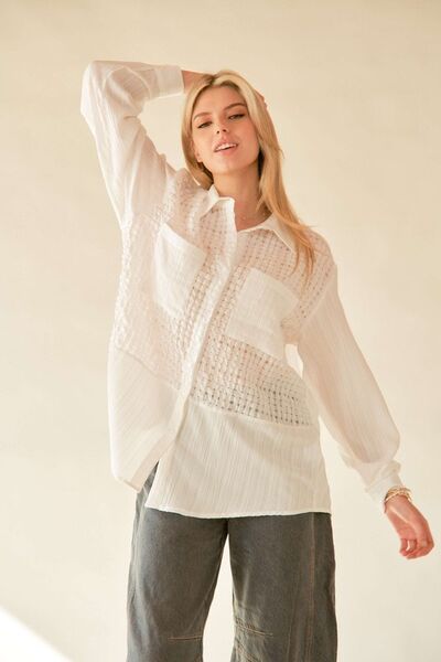 Crinkled Jacquard Button Down Shirt in White - Ro + Ivy