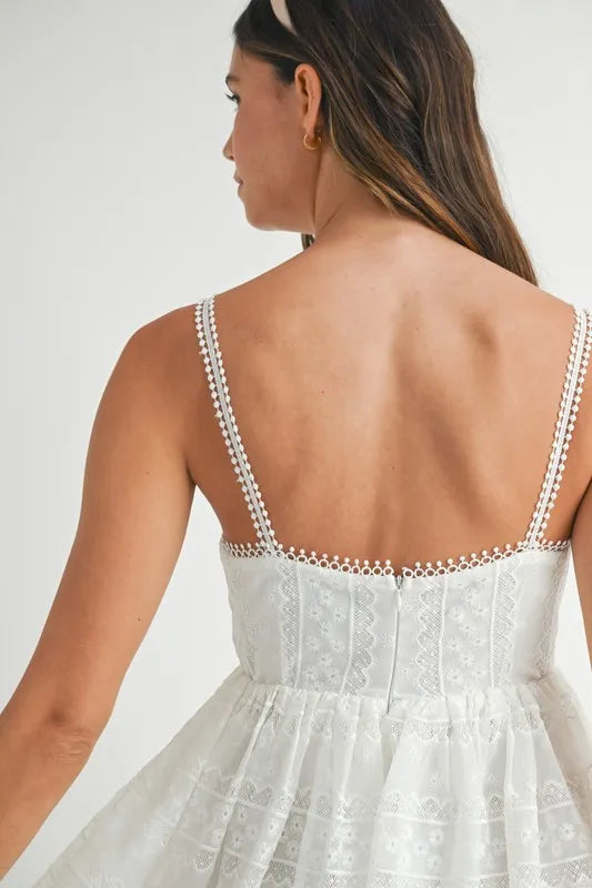 Eyelet Lace Babydoll Mini Cami Dress – outfit idea for women | Ro + Ivy