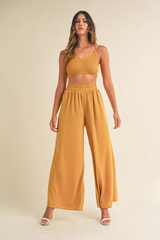 Smocked Bralette Crop Top And Wide Leg Pants Set – outfit idea for women | Ro + Ivy