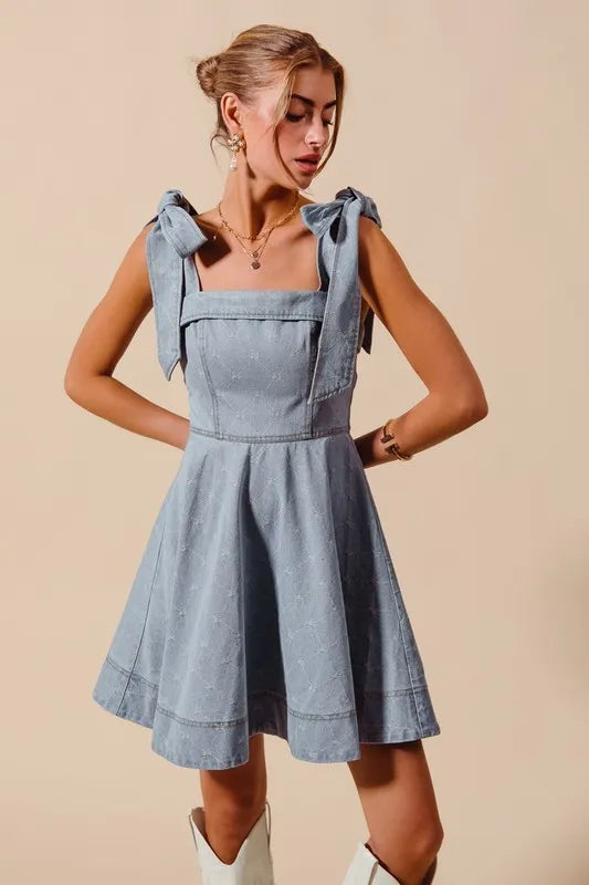 A Line Fit And Flare Diamond Bow Ribbon Denim Mini Dress – outfit idea for women | Ro + Ivy