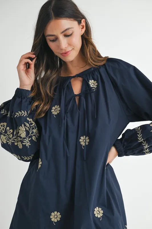 Embroidered Long Sleeve Peasant Mini Dress – outfit idea for women | Ro + Ivy