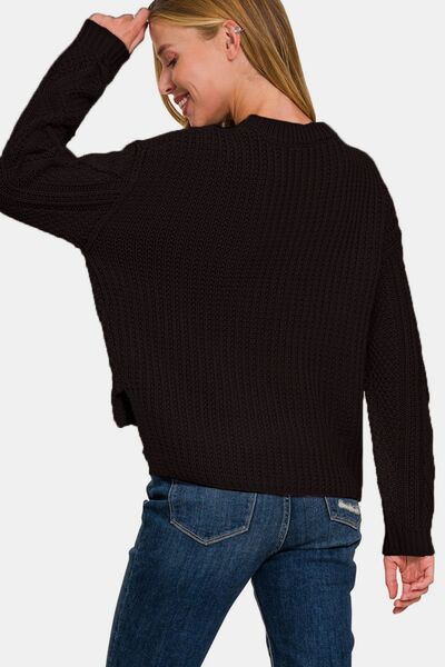 Cropped High Low Cable Sweater with Side Slits Trendy Sweaters Outfit Idea for Women | Ro + Ivy