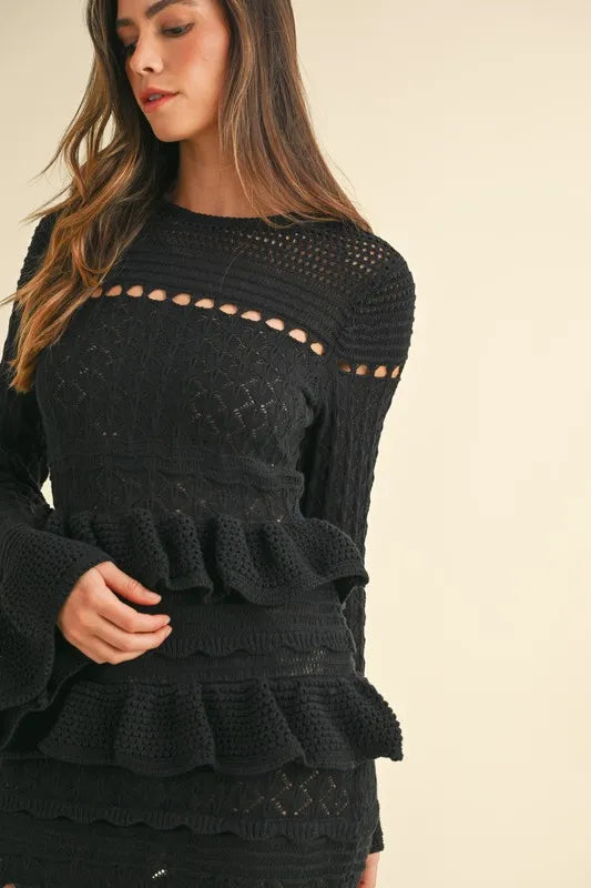 Long Sleeve Tiered Ruffle Knit Midi Dress – outfit idea for women | Ro + Ivy