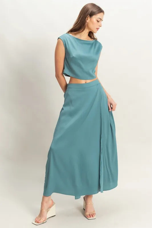 Sleeveless Top And Maxi Skirt Set – DUSTY BLUE outfit idea for women | Ro + Ivy