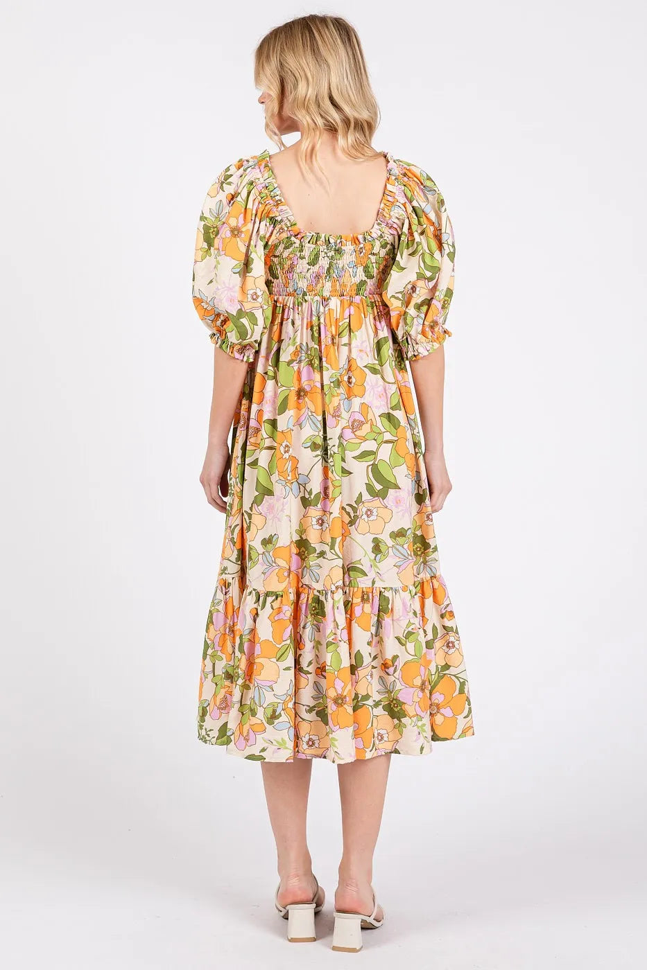 Flower Print Puff Sleeve Ruffle Smocked Midi Dress – outfit idea for women | Ro + Ivy
