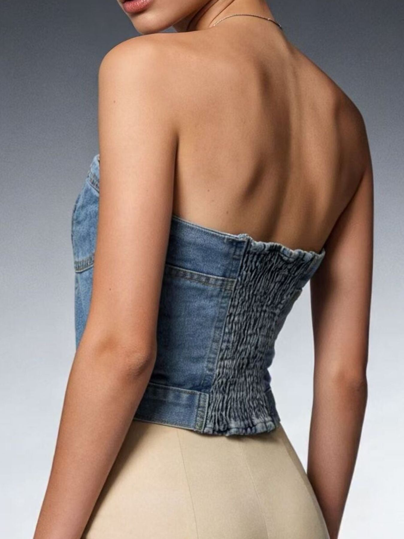 Button-Front Denim Tube Top - Tops