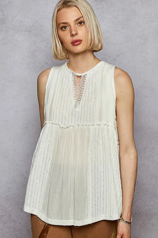 Lace Trim Round Neck Tank Top With Pintuck Detail – outfit idea for women | Ro + Ivy