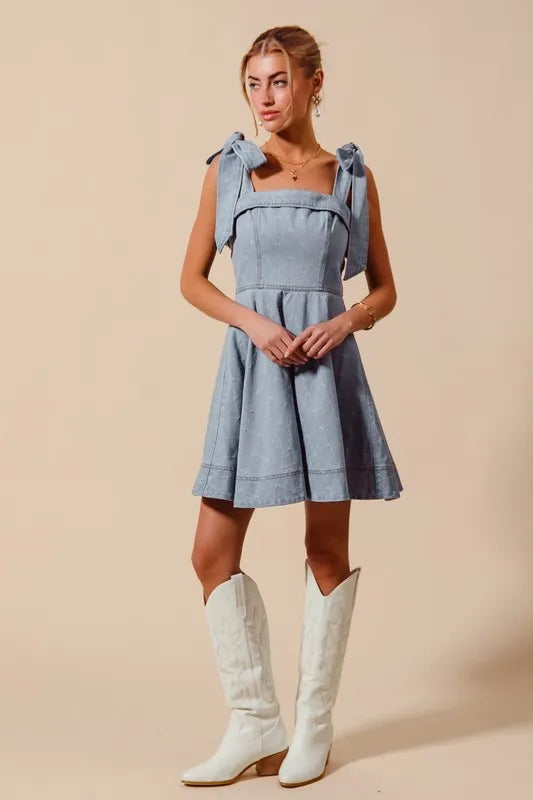 A Line Fit And Flare Diamond Bow Ribbon Denim Mini Dress – outfit idea for women | Ro + Ivy