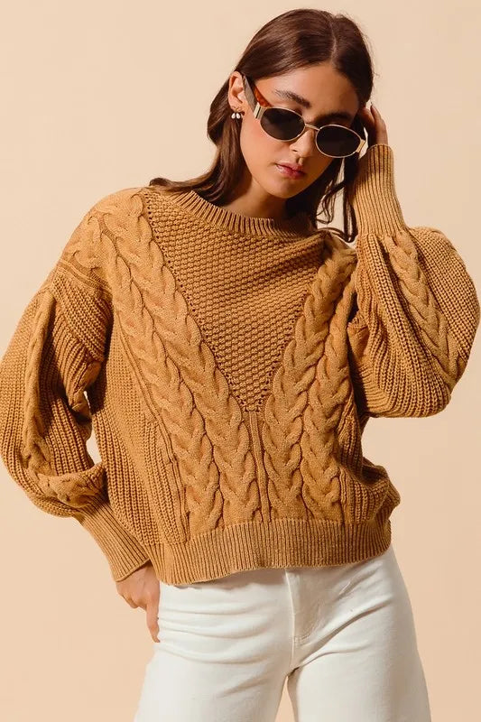 Mineral Washed Loose Fit Textured Cable Sweater – outfit idea for women | Ro + Ivy