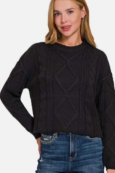 Black Cropped High Low Cable Sweater with Side Slits Trendy Sweaters Outfit Idea for Women | Ro + Ivy