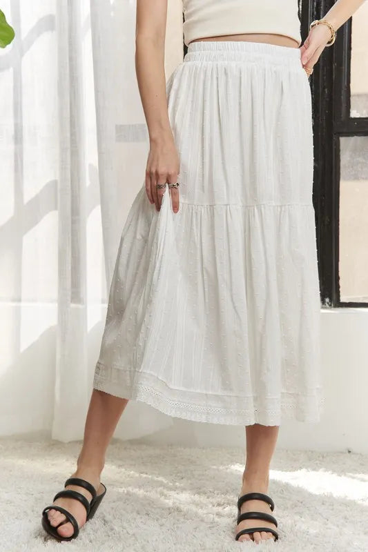 Elastic Waistband Tiered Midi Skirt in White – outfit idea for women | Ro + Ivy