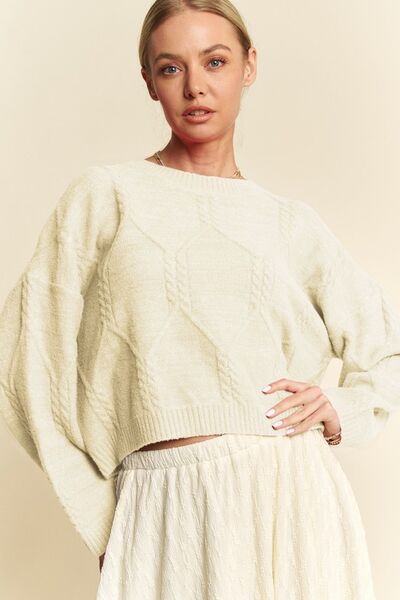 Ivory Diamond Cable Pattern Drop Shoulder Sweater in Ivory Trendy Sweaters Outfit Idea for Women | Ro + Ivy