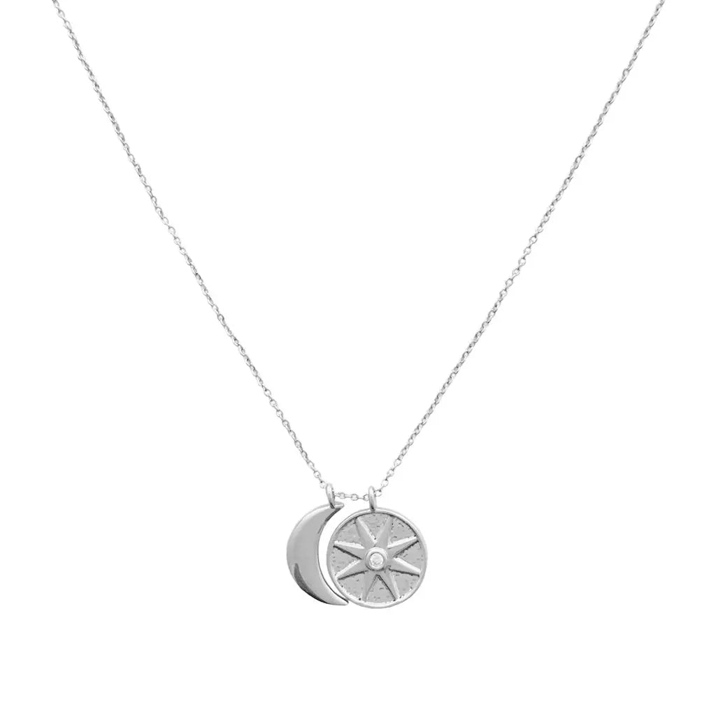 Sun & Moon Celestial Pendant Necklace — Crystal Accent Layering Everyday Jewelry - Silver Necklaces