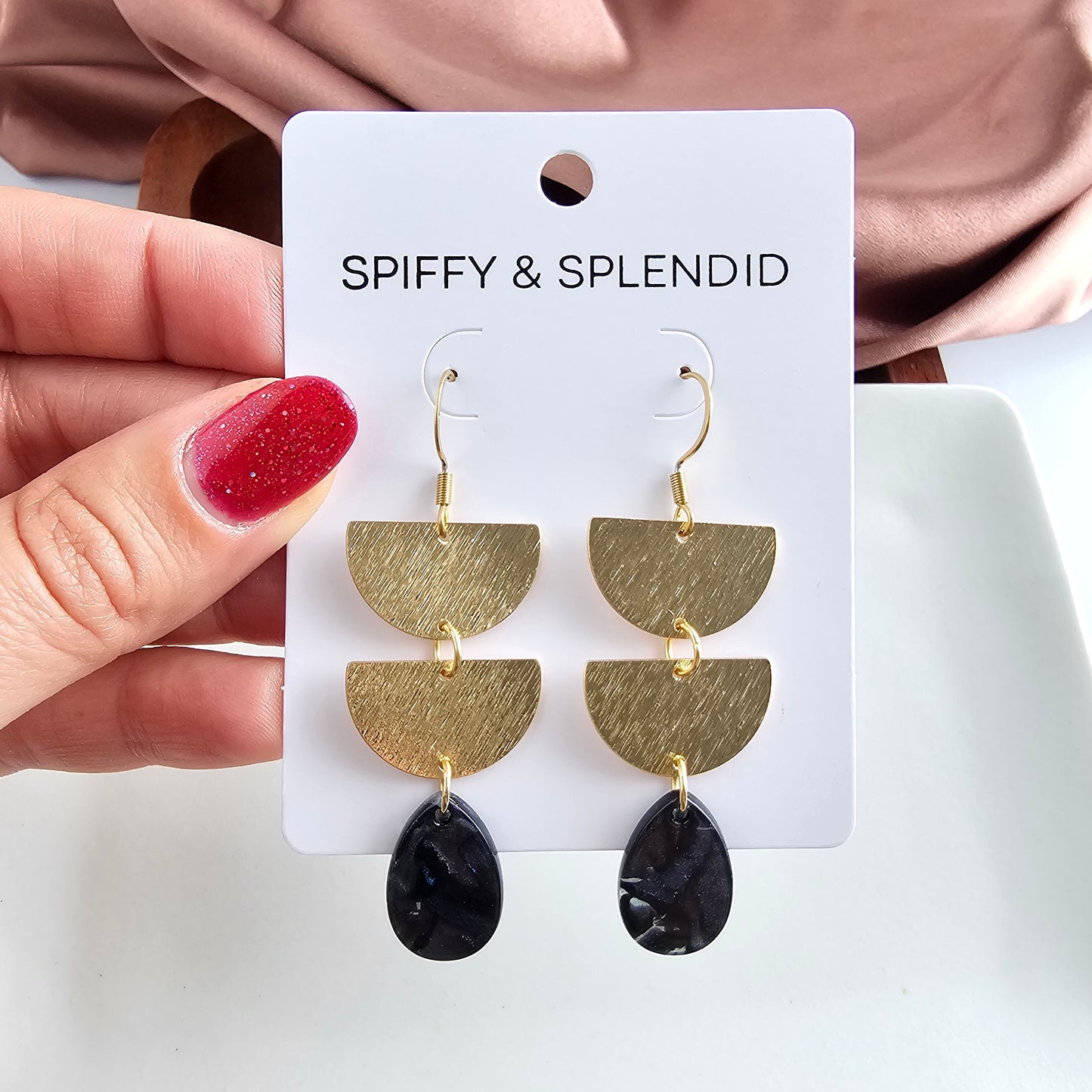 Midnight Shimmer Glamour Statement Earrings — Gold Acrylic Layered Dangle Everyday Style - Earrings