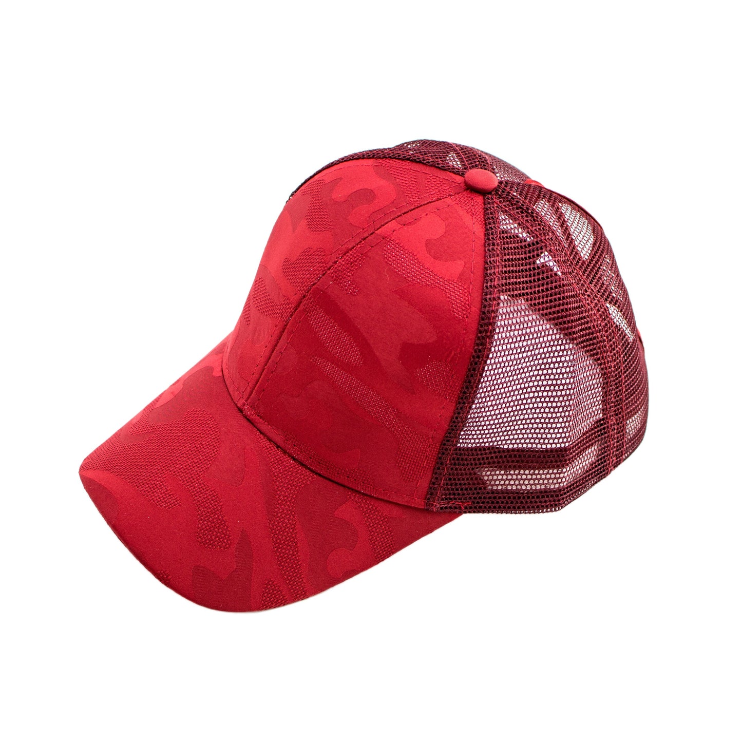 Camo Messy Bun Baseball Cap — High Ponytail Opening Snapback Mesh Back - Wine Baseball Caps
