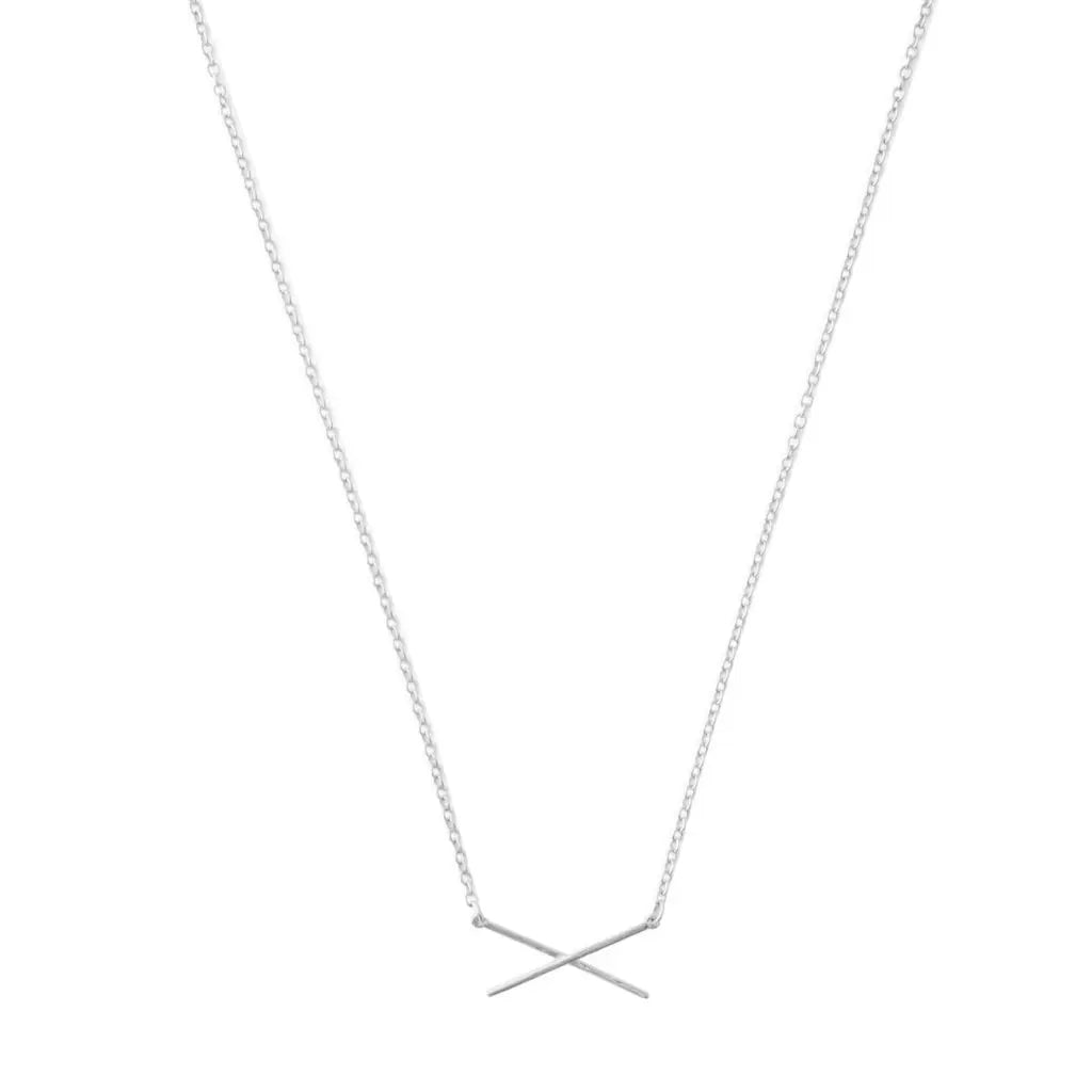 Crossed X Bar Pendant Necklace — Delicate Whisper Thin Chain Minimalist - Silver Necklaces