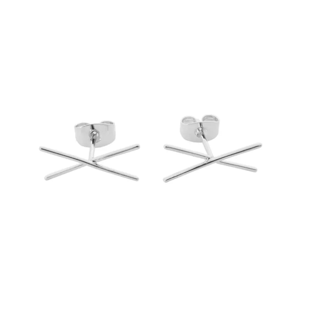 Crossed X Bar Crawler Stud Earrings — Delicate Bold 16mm Minimalist - Silver Earrings