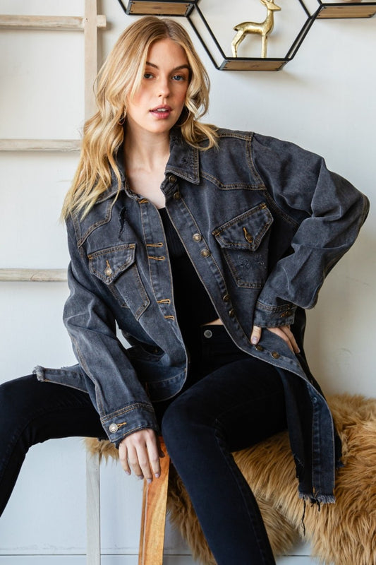Button Up Distressed Frayed Hem Denim Jacket for Women | Jackets | Ro + Ivy