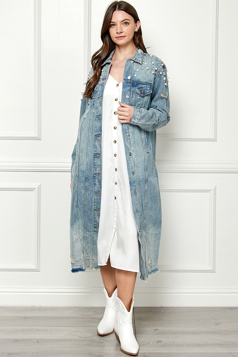 Full Size Distressed Raw Hem Pearl Detail Button Up Jacket for Women | Jackets | Ro + Ivy