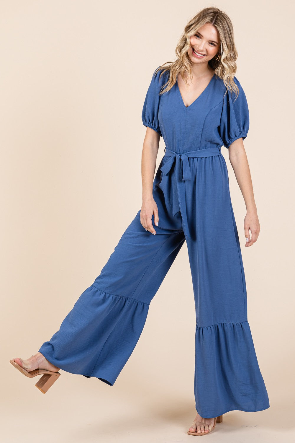 Women's Full Size V-Neck Belted Wide Leg Jumpsuit | Jumpsuits | Ro + Ivy