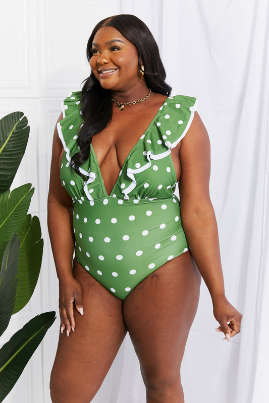 Women's Moonlit Dip Ruffle Plunge Swimsuit in Mid Green | Swimsuit | Ro + Ivy