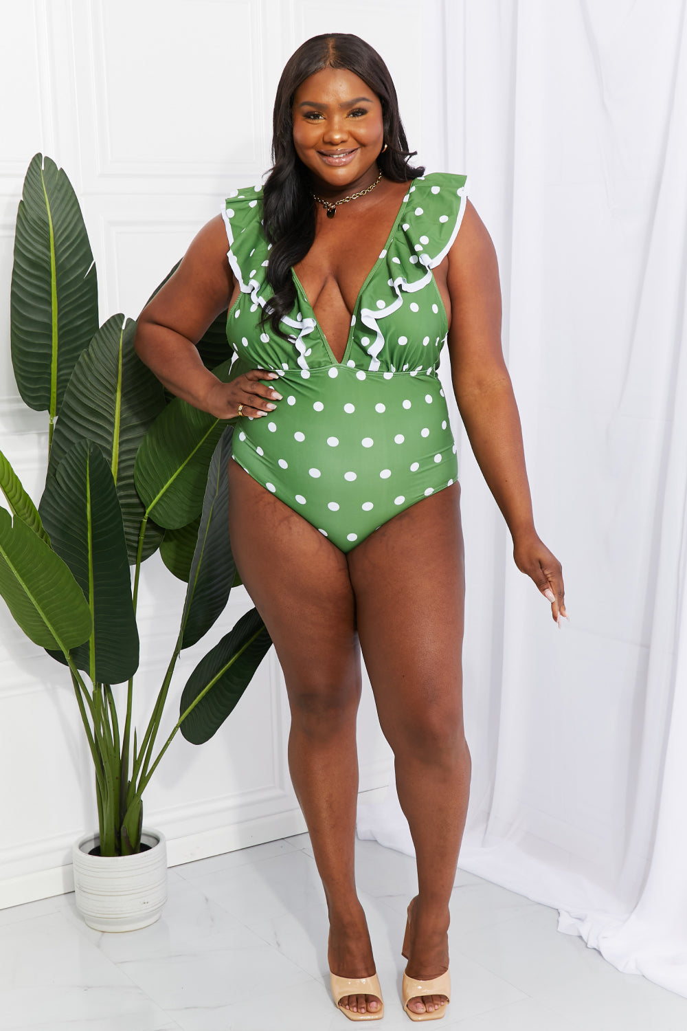 Women's Moonlit Dip Ruffle Plunge Swimsuit in Mid Green | Swimsuit | Ro + Ivy