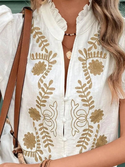 Embroidered Frill Notched Short Puff Sleeve Blouse - Blouses