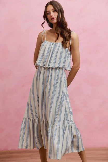 Women's Striped Tiered Shoulder Tie Midi Dress - Midi Dresses