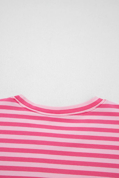 Women's Striped Drop Shoulder Round Neck Top and Buttoned Straight Pants Set - Matching Sets