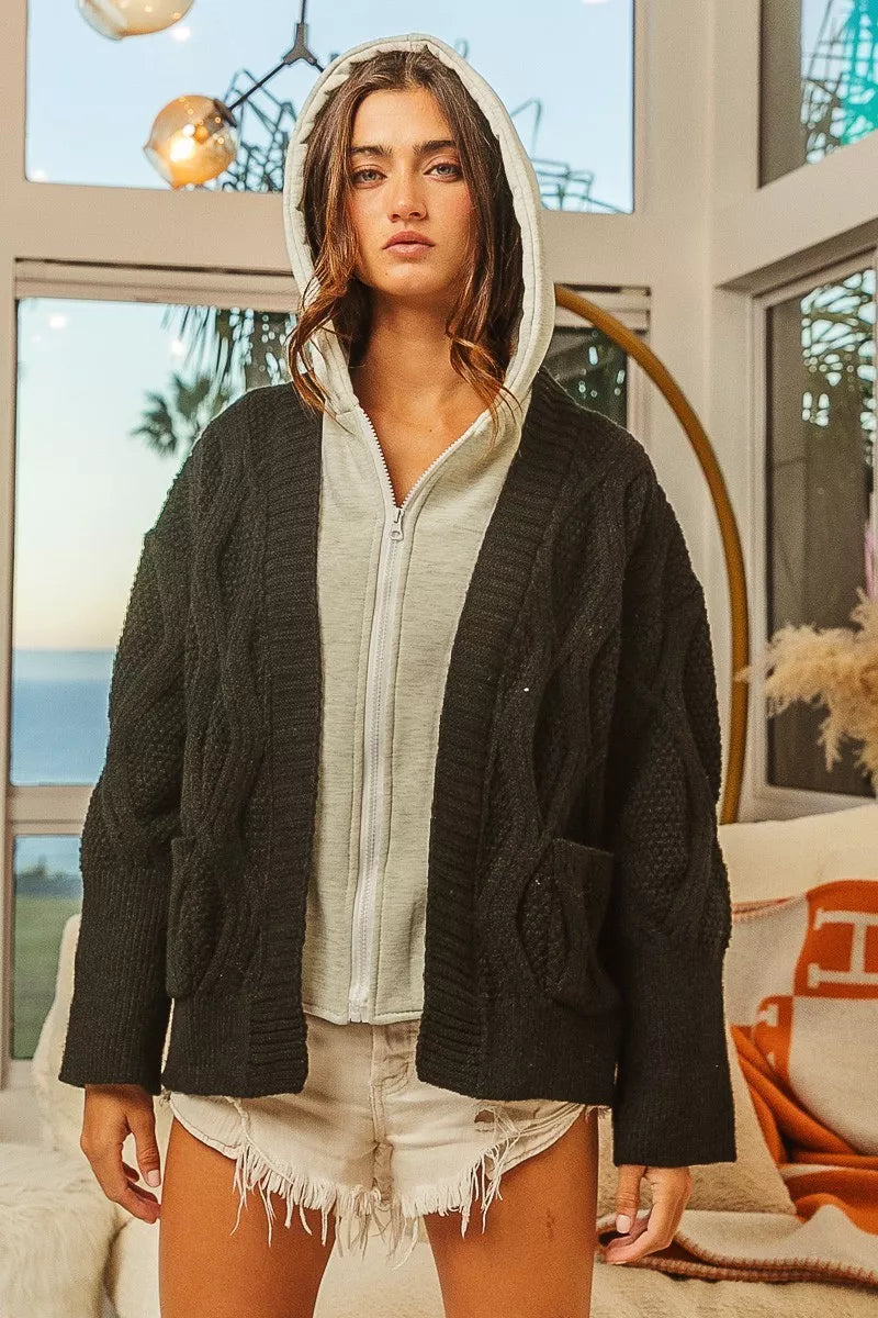 Knit Hoodie Rhombus Pattern Sweater Jacket — Cozy Warm Versatile Casual Style - Jackets