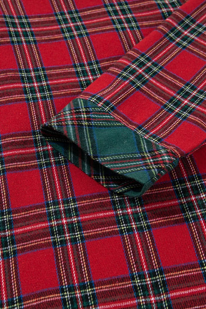 Plaid Christmas Pajama Set with Button-Front Shirt, Pockets and Drawstring Shorts