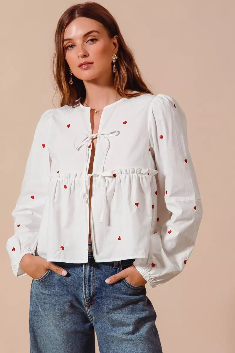 Front Tie Heart Embroidered Blouse With Puff Sleeve - IVORY Blouses