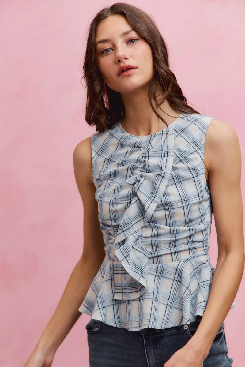 Women's Plaid Sleeveless Ruffle Peplum Top - Tops