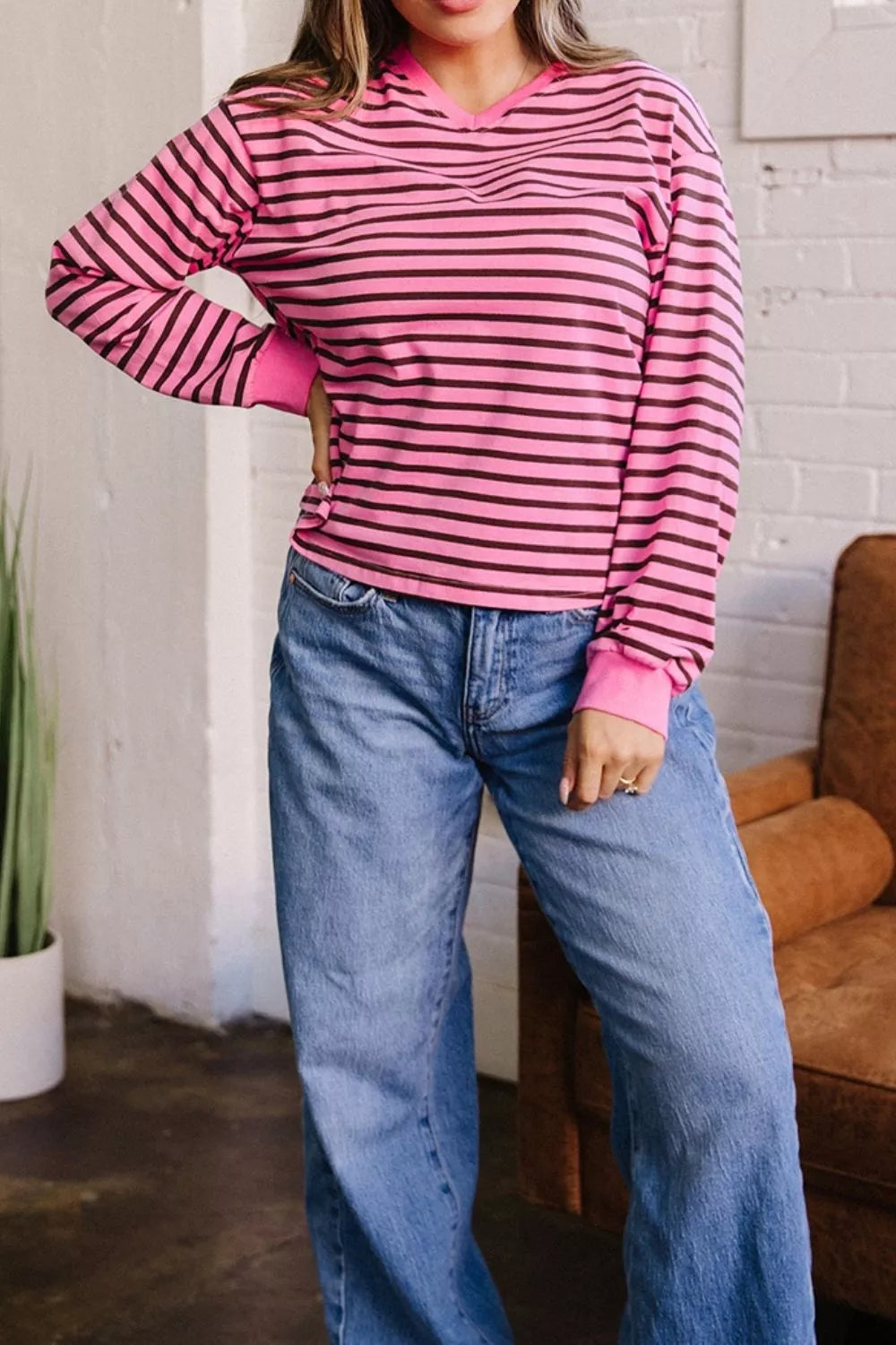 Women's Striped V-Neck Drop Shoulder Long Sleeve Top - Tops