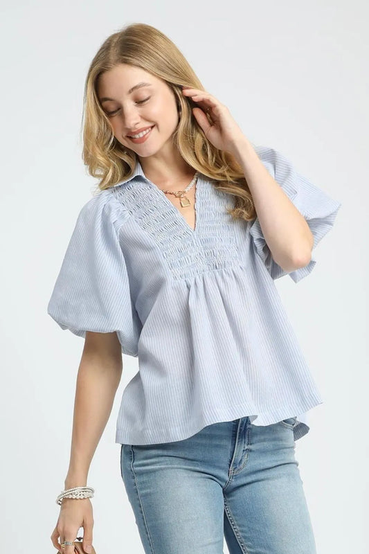 Smocked Puff Sleeve Blouse – Light Blue outfit idea for women | Ro + Ivy