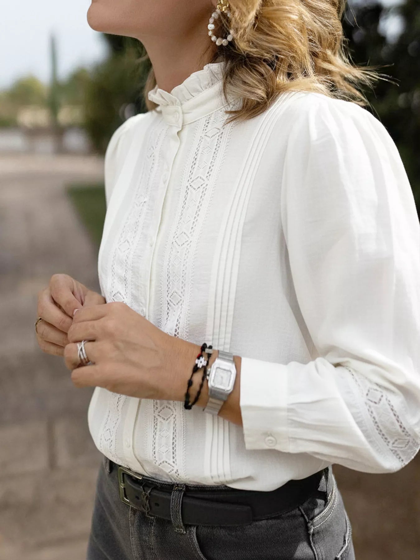 Women's Lightweight Lace Trim Long Sleeve Shirt - Shirts