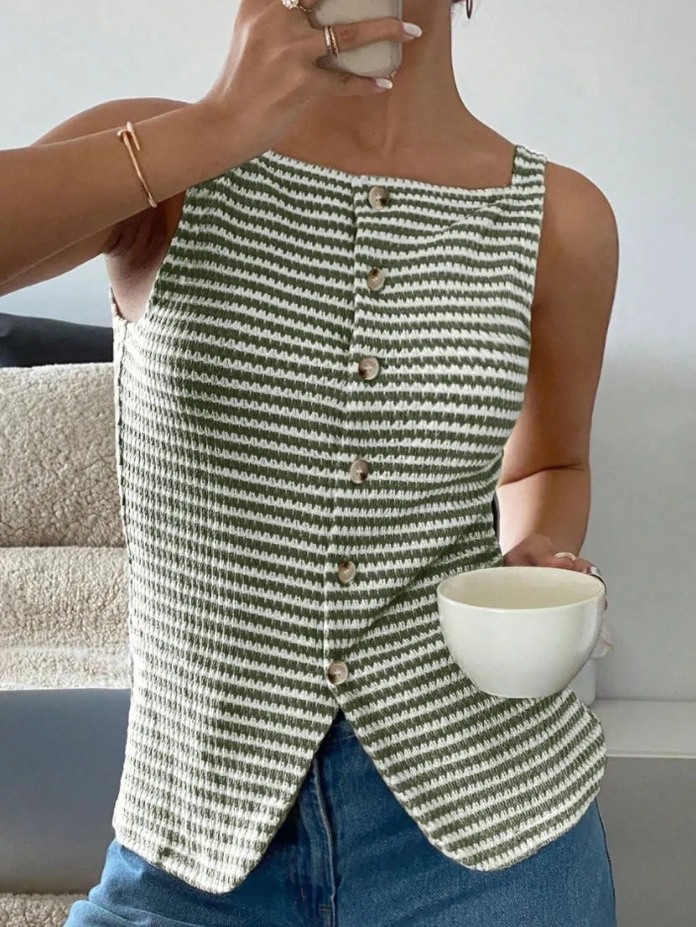 Women's Button Down Striped Tank Top - Tank Tops