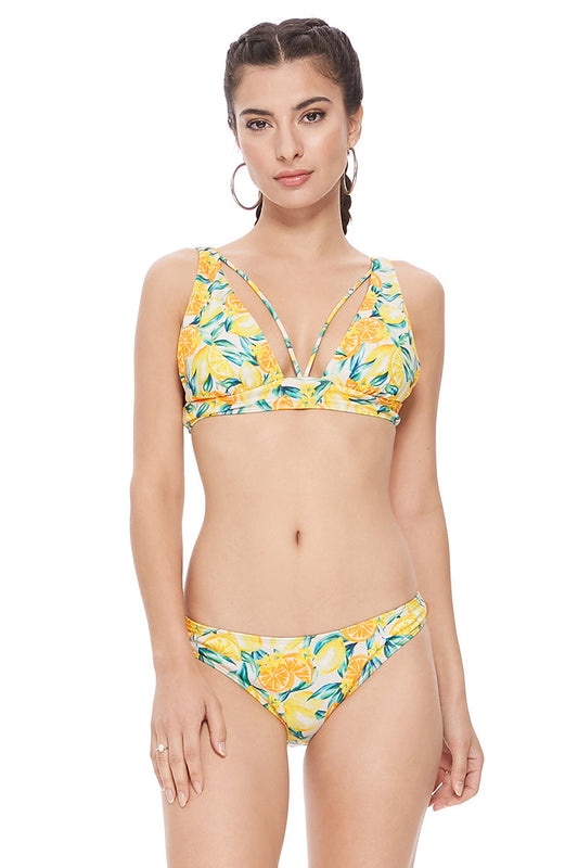 Textured Lemon Print String Detail Halter Bikini Set - L Bikinis